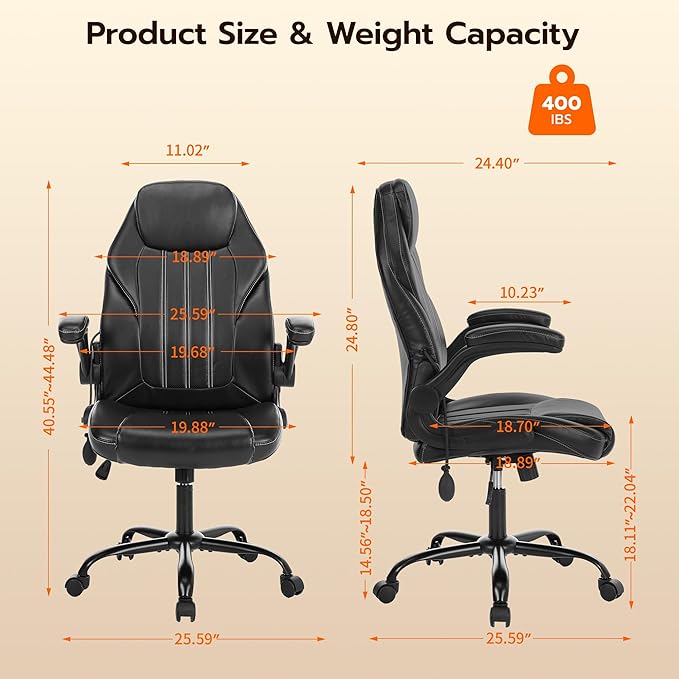 Office Desk Chair Ergonomic Computer Chair with Padded Flip-Up Arms and Adjustable Lumbar Support PU Leather Executive Chair with Tilt Lock and 360° Swivel Rolling Wheels for Work Study
