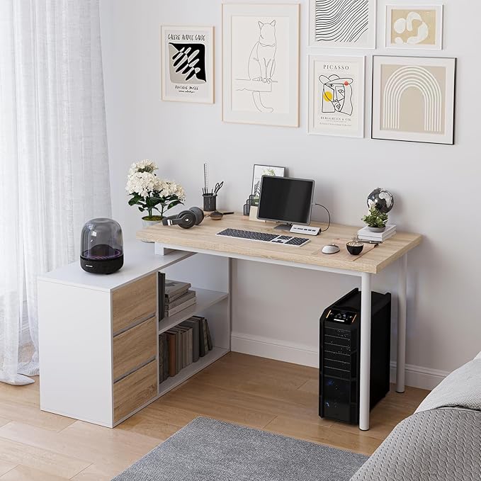 L Shape Computer Desk with 3 Drawers and 2 Shelves Home Office Desk Corner Small Desk with Storage Cabinet for Writing Study Executive – Walnut and White