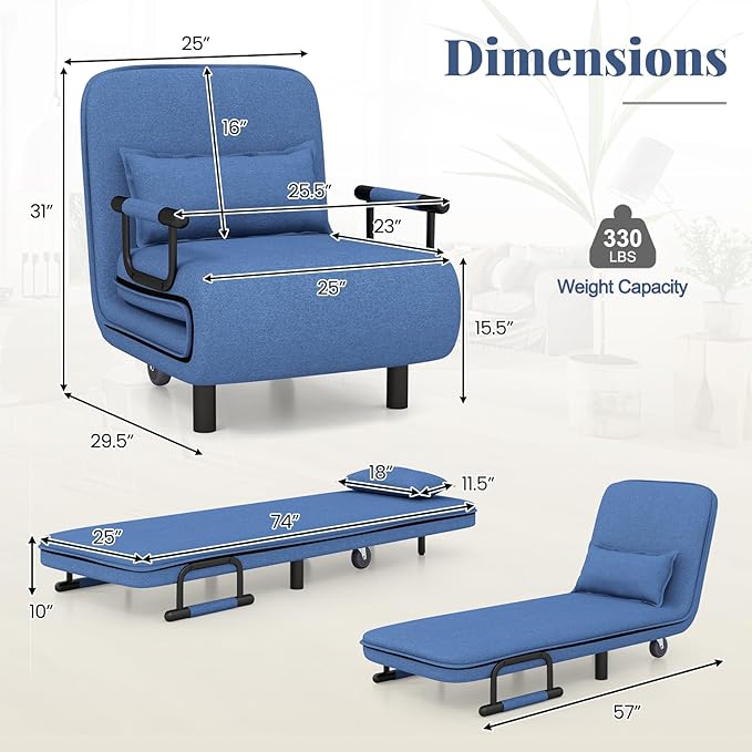 Giantex Convertible Sofa Bed 3-in-1 Folding Sleeper Chair with 5-Position Adjustable Backrest Wheels 2 Legs Recliner Chaise Lounge with Pillow Armchairs for Nursery Living Room Office (Blue)