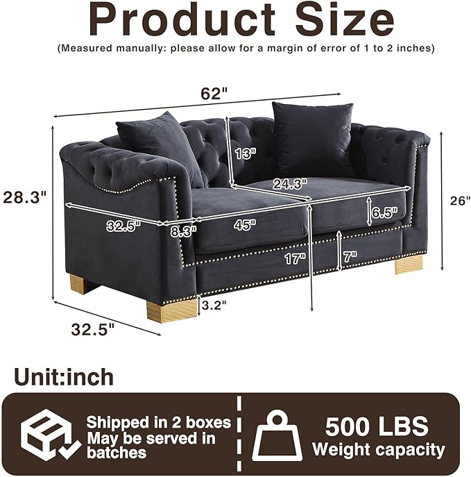 62 inch Chesterfield Loveseat Sofa 2 Seater Mid Century Modern Sofa Couch with Gold Rivet Decoration Cloud Comfy Velvet Upholstered Button-Tufted Couch for Living Room Office Black