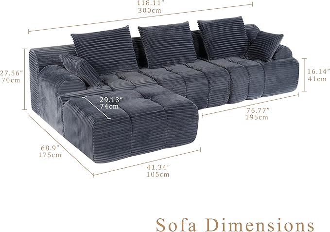 Chogori Corduroy Modular Sectional Sofa 118 Inch Boneless Cloud Couch with High Density Memory Foam Tufted L-Shaped Sofa for Living RoomNo Assembly (Gray)