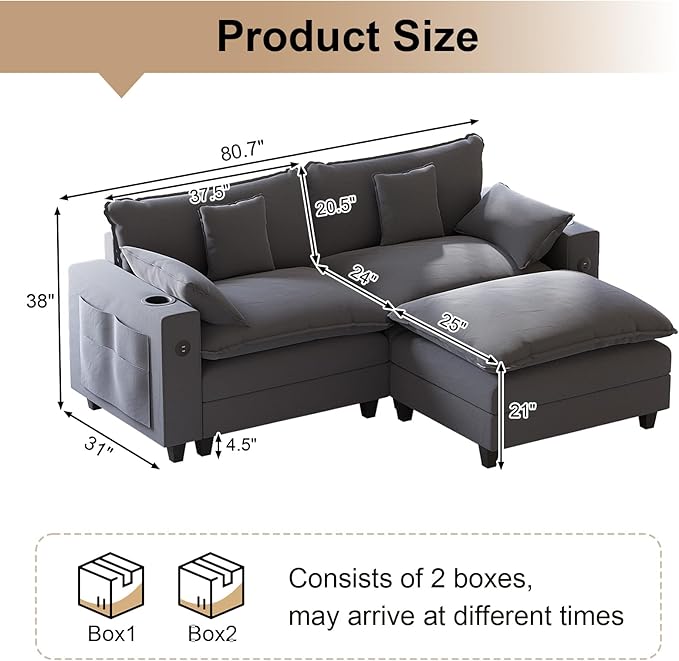 80.7 Modular Sectional Couch L Shaped Cloud Sofa with Movable Ottoman Chenille Deep Seat Cloud Couch with Charging Station Cup Holder Side Pocket Sectional Couches for Living Room Grey