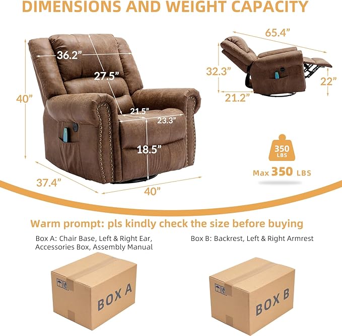 Manual Massage Recliner with Heating Function 360° Swivel Glider Rocking Recliner Chair for Living Room Ergonomic Single Sofa Chair with Remote Control/USB Ports/Side Pockets(Brown)