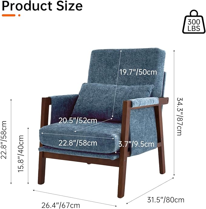 Accent Chairs Set of 2 Mid-Century Modern with Lumbar Support Pillow Upholstered Living Room Chairs with Wooden Chenille Armchair with Cushion Anthropologie Side Chair for Bedroom Navy