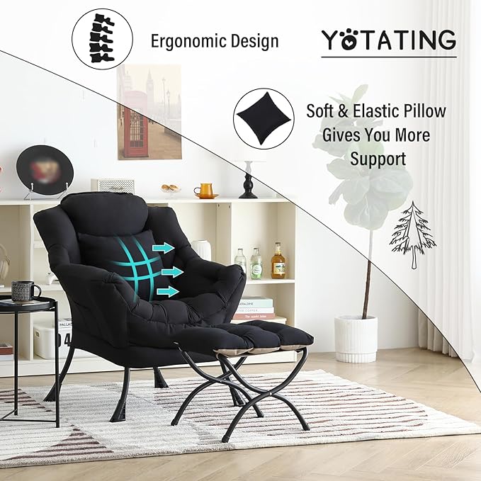 Lazy Chair with Ottoman Comfy Reading Chair with Footstool &amp Pillow Modern Lounge Chair with Armrests &amp Side Pocket for Living Room Bedroom Dorm RoomBlack