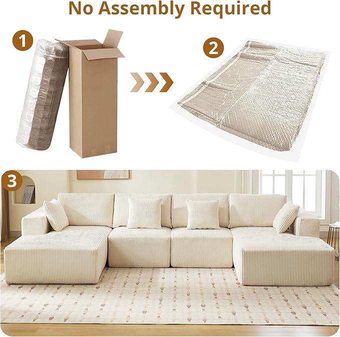 Cloud Boneless Couch 137 Modern Sectional U-Shaped Comfy No Assembly Required Convertible Compression Sleeper Modular Sofa with Corduroy Fabric Deep Seat Single + Chaise for Living Room