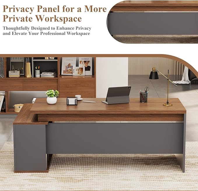 70.8 L-Shaped Executive Desk with File Drawers and Storage Cabinet Modern Large Office Desk Computer Workstation Walnut &amp Gray (Walnut &amp Gray 70.87IN)