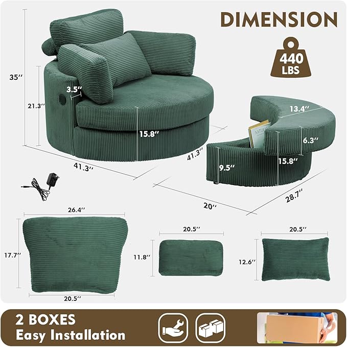 Oversized Swivel Chair with Ottoman 41.3 Swivel Accent Chair Barrel Chairs with USB Charging Port Round Chaise Lounge Indoor with 4 Pillow Reading Chairs for Living Room (Corduroy Olive Green)