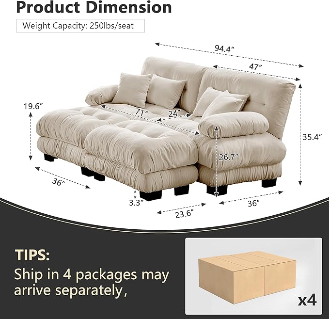Setawix Luxury Modular Sectional Sofa Couch with Deep SeatOversized U-Shaped 2 Seater Sofas with Curved ArmrestComfy Chenille Cloud Couch for Living RoomLight Coffee