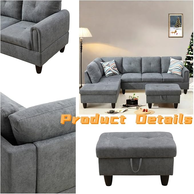 FONTOI L Shaped Sectional Couch with Otttoman 97 Sectional Sofa for Living Room Flannel Modular Couches with Cup Holders for Bedroom Apartments Grey