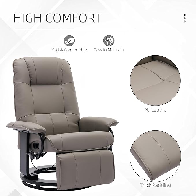Faux Leather Manual ReclinerAdjustable Swivel Lounge Chair with FootrestCan Rotate 360 DegreesL-Right Angle Curved Wooden Frame Armrest and Wrapped Wood Base for Living RoomGrey
