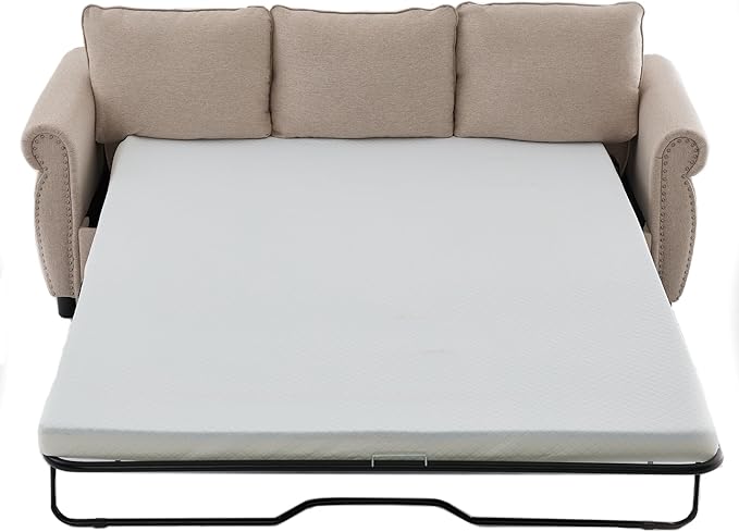 Pull Out Sofa Bed Queen Size Sleeper Sofa with Memory Foam Mattress 3 in 1 Convertible Pullout Couch Bed 3-Seater Comfy Upholstered Loveseat Sofas for Living Room Guest Room RV (Beige Linen)
