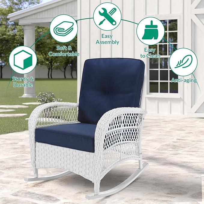 VIVIJASON 3-Piece Outdoor Conversation Bistro Set Patio Wicker Rocking Chairs Rattan Furniture Sets w/ 2 Rattan Chairs Cushions Glass Top Side Table for Garden Porch Backyard (White/Navy Blue)