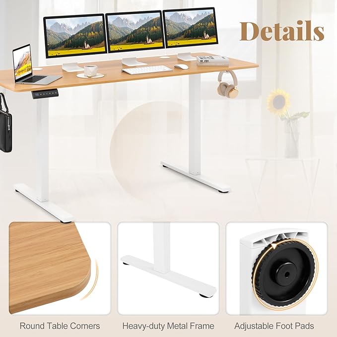 Giantex 63 x 24 Electric Standing Desk with Adjustable Height Stand up Computer Workstation with Cable Hole Hook Modern Gaming Table Ergonomic Sit Stand Desks for Home Office (Natural)