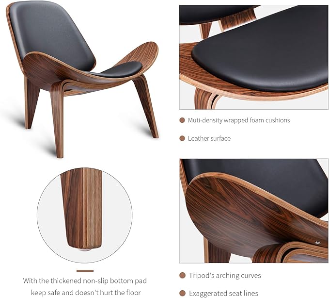 Mid Century Modern Shell Lounge Chair PU Leather Tripod Plywood Classic Design Solid Wood Accent Chairs for Living Room Reading Lounge Office Salon