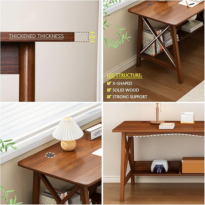 Extra Long Desk with Bookshelf - Wooden Home Office Work Study Table Writing Computer Workstation with Storage Shelf in Oak 47 Wx16 Dx30 H