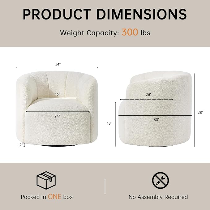 Swivel Accent Chair No Assembly Required Upholstered Boucle Fabric Barrel Chair for Living Room Beige