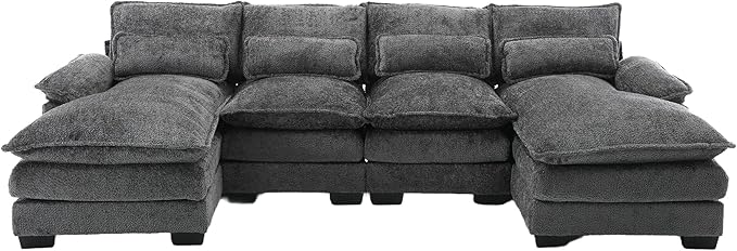 QQU 110.63 W U-Shape Modern Sectional Sofa Couch with Plastic Leg Upholstery Chenille Modular Sectional Sofa Bed with Memory Foam Large Sleeper Couch Chaise Lounges for Living Room(A-Grey)