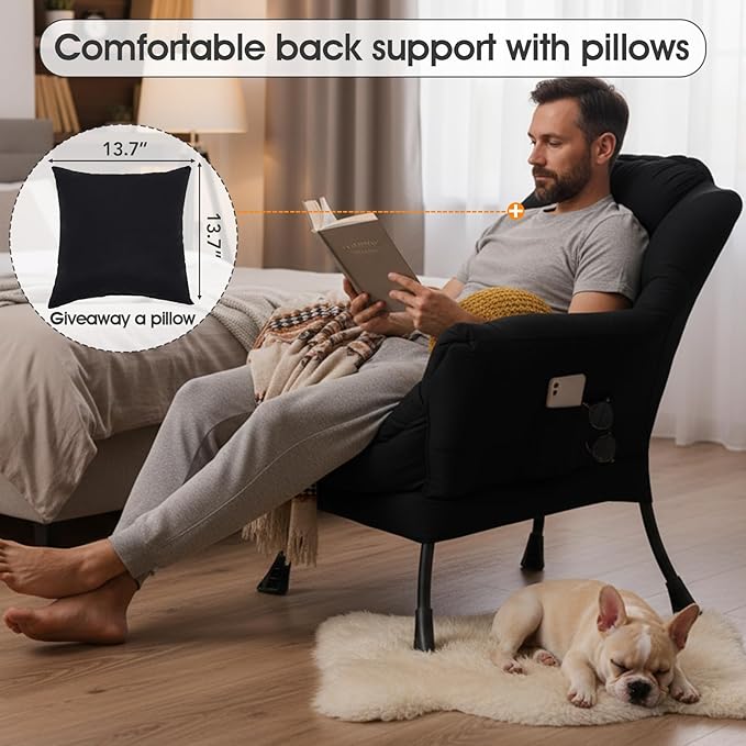Lazy Chair for Living Room Large Black Accent Chair with a Throw Pillow Leisure Sofa Chair Set Comfy Reading Chair for Bedroom Dorm Room Office