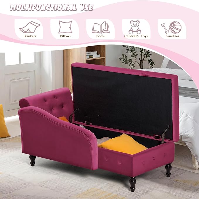 Upholstered Chaise Lounge with Right Armrest &amp Lumbar PillowButton Tufted Lounge Sofa with StorageLounge Chair IndoorModern Velvet Lounge Chair for Bedroom Living Room and OfficeFuchsia