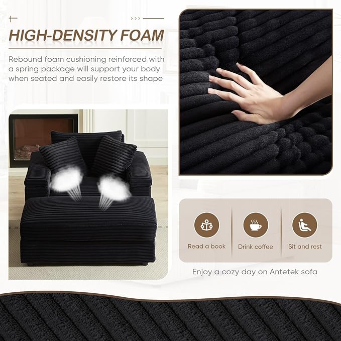 Chaise Lounge Chair Indoor 44 Inch Comfy Corduroy Sectional Cloud Couch Upholstered Single Sofa w/Movable Ottoman for Living Room Bedroom Apartment Black