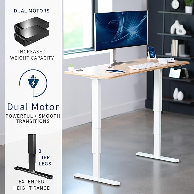 VIVO Electric 60 x 24 in Dual Motor Sit Stand Desk Memory Height Adjustment 2B Series Bamboo Top White Frame DESK-KIT-2W6O