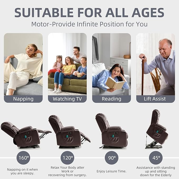 Power Lift Recliner Chair for Elderly Electric Recliner Chairs for Adults with Massage and Heat Cup Holders Remote Control Side Pockets USB Ports Leather (Brown)