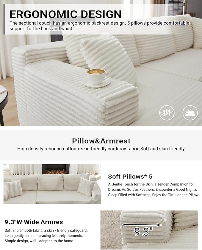 105 Inch Cloud Sectional Couch Modular Sectional Sofa with Deep Seat Corduroy Boneless Couches with L-Shape Chaise for Living Room Bedroom Left Facing Chaise No Assembly Required (White)