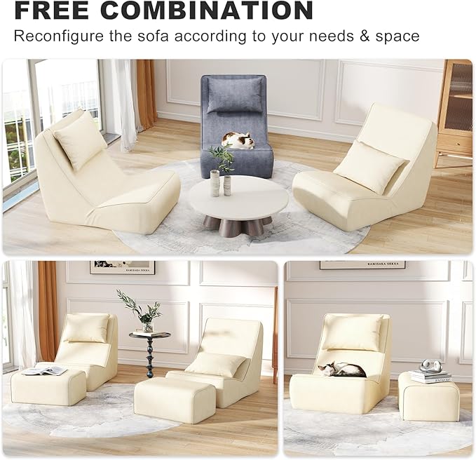 Giant Bean Bag Chair for Adults - Indoor Chaise Lounge with Neck Pillow &amp Ottoman All-in-One Sponge Design Comfy Floor Chair for Reading Gaming Napping and Movies (Khaki)