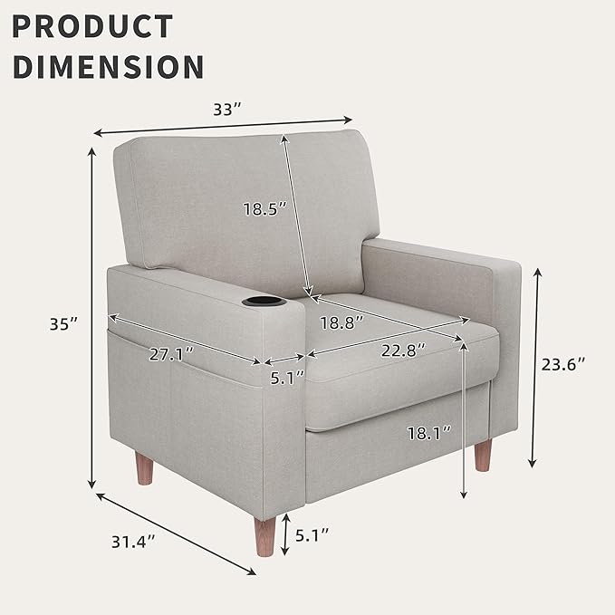 Actinidia Oversized Accent Chair with Cup HoldersMid Century Modern Upholstered Living Room ChairHigh Back Single Sofa ChairReading Armchair for Bedroom Apartment Waiting Room OfficeBeige