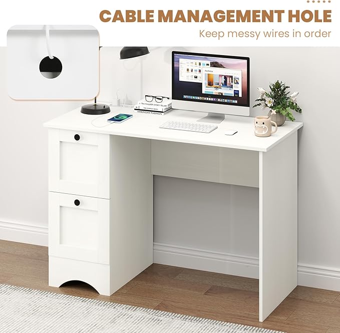 White Computer Desk 43” Desk with Drawers Home Office Desks with Power Outlet Modern Makeup Vanity Wooden Gaming Table Small Desk for Bedroom Writing Study Workstation for Teens