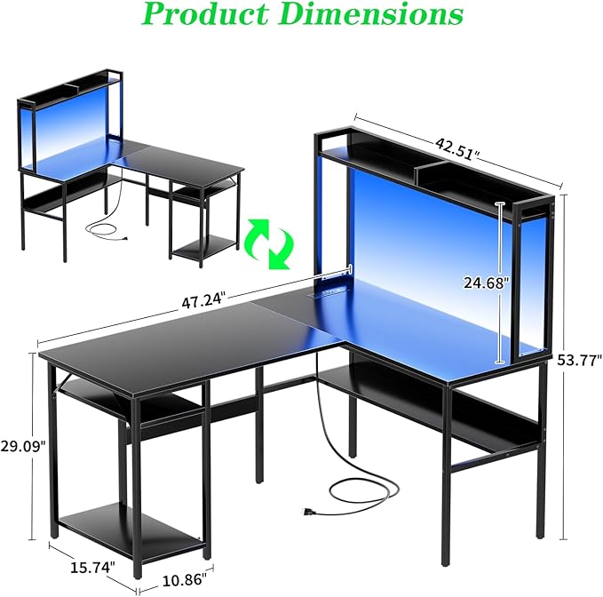 L Shaped Computer Desk with Hutch and Storage Shelves Gaming Desk with LED Lights Reversible L-Shaped Desk with Power Outlets Home Office Desk Corner Desk Black