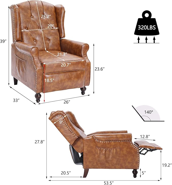 Wingback Recliner Chair with Heat and Massage PU Leather Push Back Recliner Chair for Living Room Vintage Wingback Recliner with Remote ControlPadded CushionBackrestWooden Legs