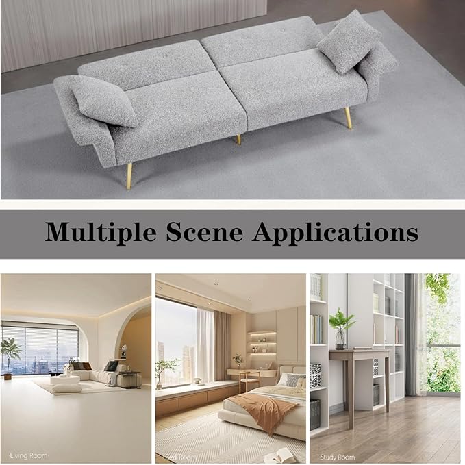 69.5 Grey Convertible Futon Sofa Bed with Adjustable Backrest and Armrests Teddy Upholstered Loveseat Sleeper Couch with 2 Pillows and Metal Legs Love Seat for Guest Room Living Room (Grey)