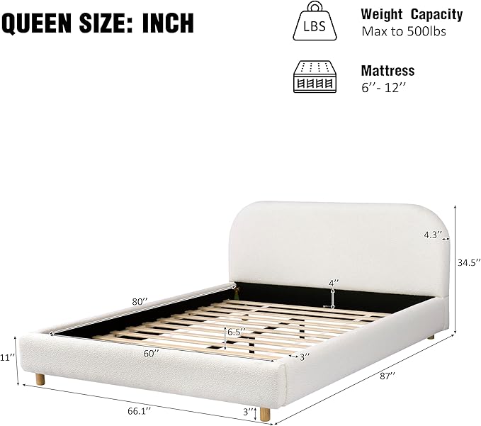 Merax Queen Size Teddy Fleece Thick Fabric Upholstered Platform Bed with Curved Shaped Headboard Wood Bed Frame with Solid Round Legs for Kids Teens Adults White