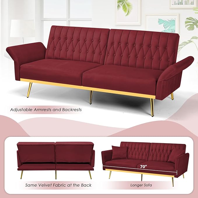 70 Velvet Futon with Adjustable Backrest and Armrests Sofa Bed with Extra Pillows for Waiting Room Living Room and Office Red