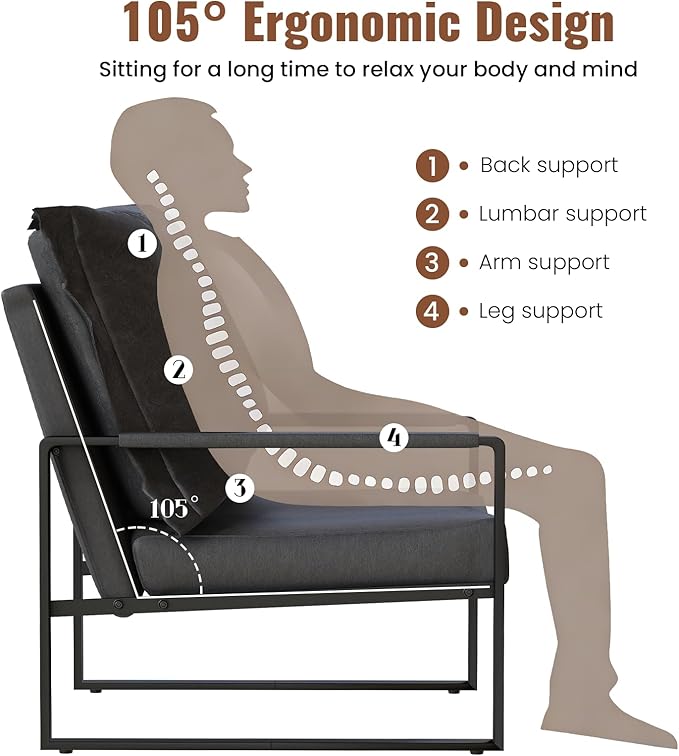 AWQM Modern PU Leather Accent Chair Arm Chair with Extra-Thick Padded Backrest and Seat Cushion Sofa Chairs for Living Room Bedroom 105 Degree Slant Back Non-Slip Adsorption Feet-Black（Set of 1）