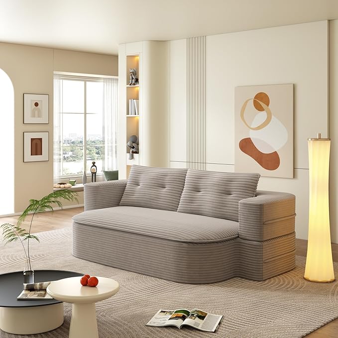 78.7 Full Size Memory Foam Couch Plush Corduroy Sofa Floor Sofa Bed with Multi Functional Blanket 2 in 1 Convertible Folding Sofa Bed for Living Room Offices No Assembly Required (Coffee)