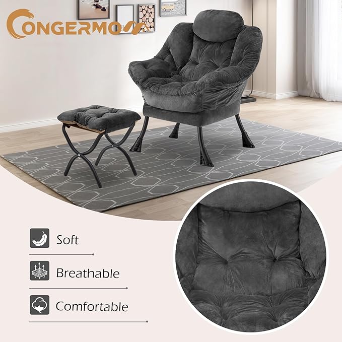 Lazy Chair with Folding OttomanLeisure Sofa ChairSoft Fabric Armchair with Armrests and Side Pockets Reading Chair with Footrest for Living Room Bedroom Office (Plush Dark Grey)