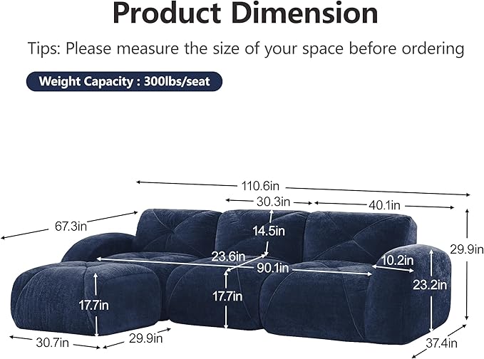 110 Sectional Modular Cloud Couch Boneless Couches with Deep Seat Convertible 3-Seater Sofa Set with Ottoman for Living Room Bedroom Office Blue