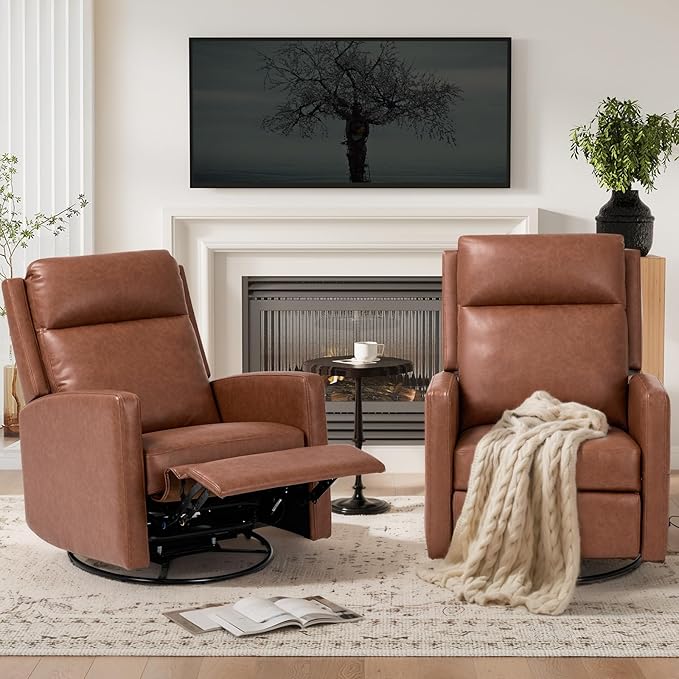 COLAMY Leather Recliner Chair for Adults Swivel Rocker Recliner for Small Spaces Wide Glider Rocking Nursery Chair with Ergonomic High Backrest for Home Living Room Office Bedroom（Cocoa）