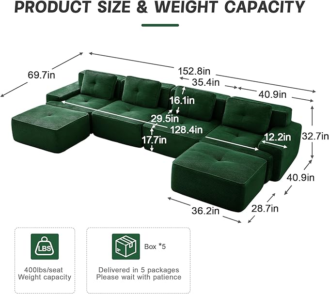  153 U Shaped Modular Boneless Sofa Couch for Living Room Green Sectional Large Sofa with Corduroy Fabric 4-Seater Tufted Couch with Deep Seat and Movable OttomanNo Assembly