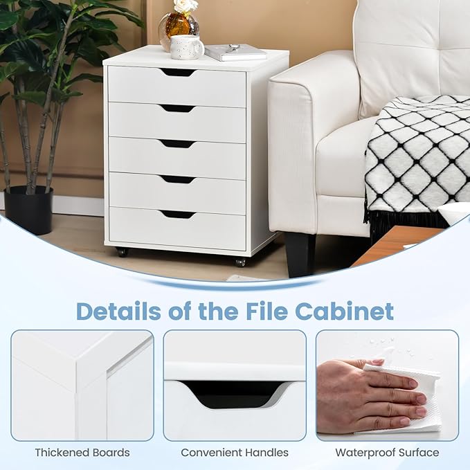 File Cabinet Mobile Filing Cabinet w/Universal Wheels &amp 5 Drawers Wood Printer Stand with Storage Rolling File Cabinets for Home Office Living Room Bedroom (White 5 Drawers)