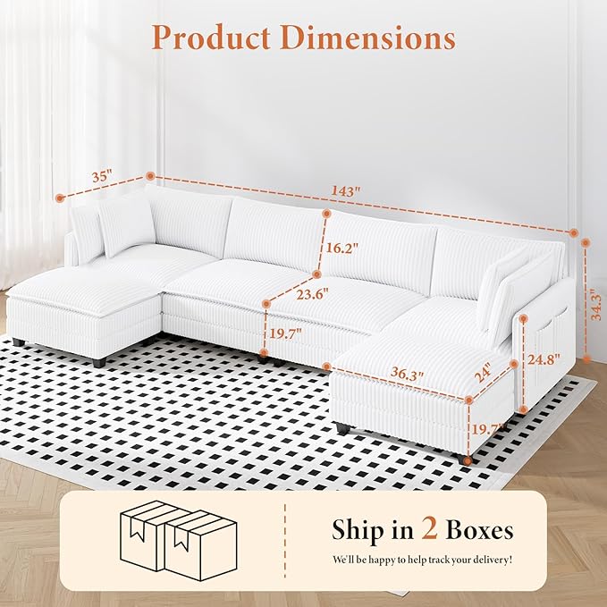 Vesgantti 143 U Shaped Sectional Modular Couch Comfy Corduroy Upholstered Modular Cloud Sofas for Living Room Modern Sectional Sofa with 2 Ottoman Deep Seat Warm White