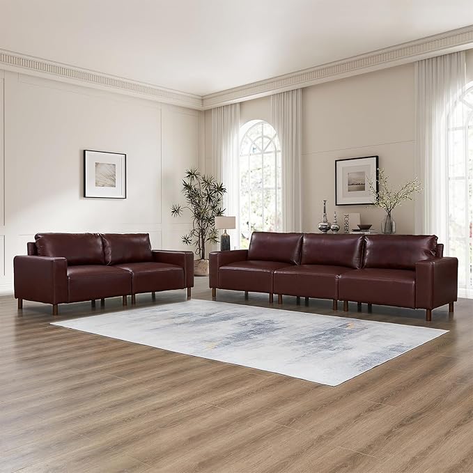 Mid-Century Modern Sofa Set of 2 PU Leather 3-Seater Couch with Solid Wood Legs &amp Square Armrests Lounge Comfy Loveseat Sofa Upholstered Cozy Couch for Living Room Office(78.5W + 112W Burgu