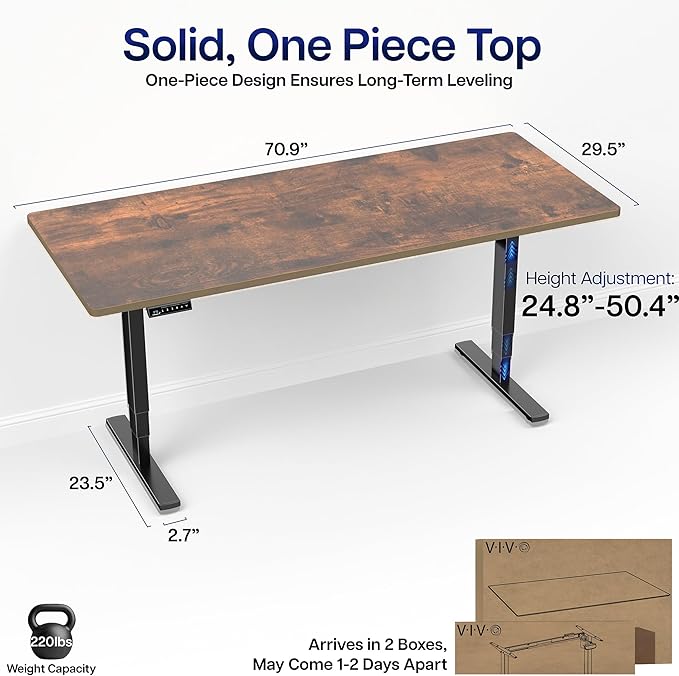 VIVO Electric 71 x 30 in Standing Desk Touch Screen Adjustment 220 lb Frame Support 2E Series Vintage Brown Top Black Frame DESK-KIT-2E71N