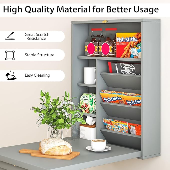 Wall Mounted Desk Wood Collapsible Floating Desk Convertible Computer Desk with Storage Area Hanging Fold Out Table for Home Office Small Spaces (Grey)