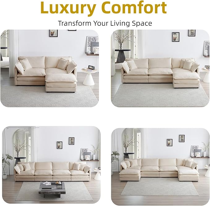 111.5 Modular Sectional Sofa U Shaped Deep Seat Cloud Couch with OttomanConvertible 3-Seater Comfy Chenille Upholstered Sofa Set for Living Room Apartment Studio – Light Coffee