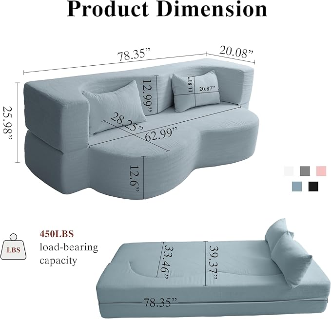 78.35 Modern 2-in-1 Convertible Curved Loveseat Sofa Bed Floor Love Seat Couch Teddy Fabric Memory Foam Cloud Couch with 2 Pillows No Assembly for Living Room Apartment Small Space (Blue)