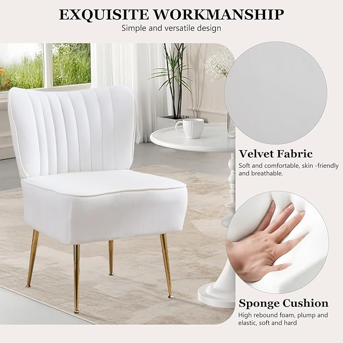 Accent Chair Set of 6 Upholstered Velvet Wingback Side Chairs Modern Armless Living Room Chairs with Golden Legs Vanity Chair for Bedroom White